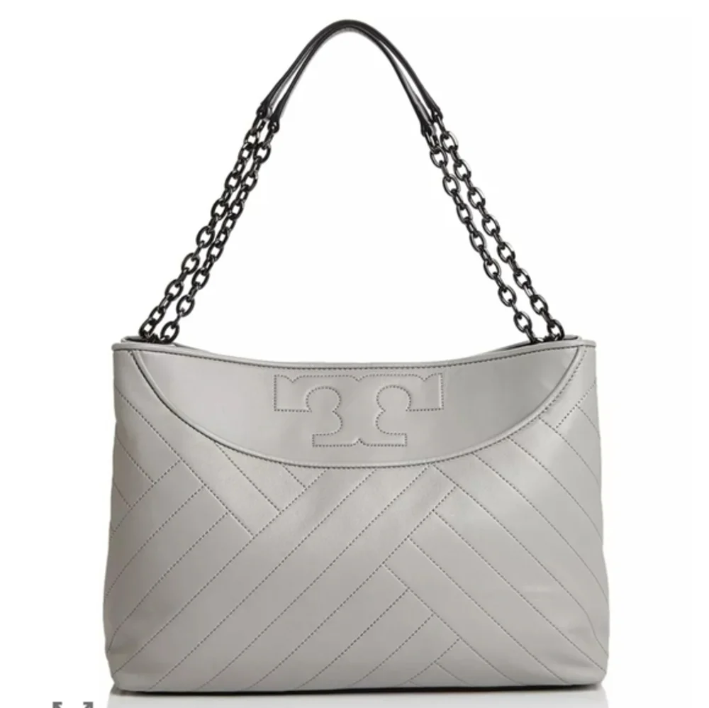 Tory Burch Alexa Quilted Slouchy Leather Tote Cement‎ Grey Gray Luxury Chevron
